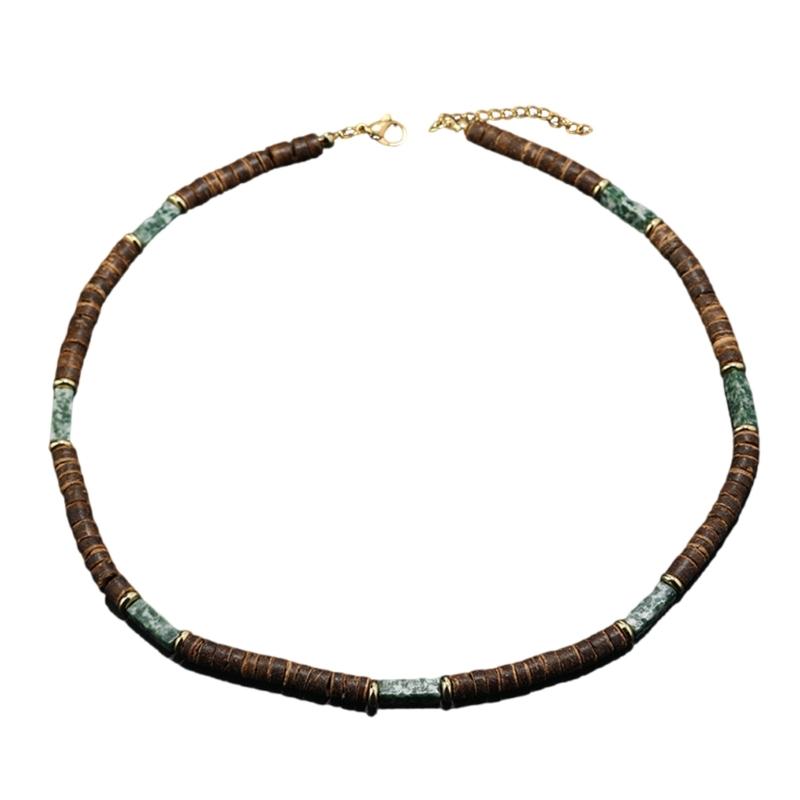 Retro Necklace Creative Trendy Neck Jewelry Made From Brown Coconut Shell Wood Beads And Natural Stone Pendant