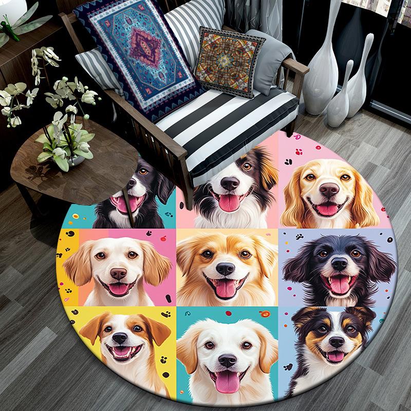 Happy Dog Round Area Rug,Carpet Rug for Living Room Bedroom Sofa Playroom Decor,Non-slip Floor Mat