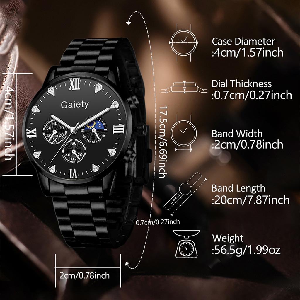 4PC Men's Watch Set Business Trend Black Round Dial Quartz Watch Bracelet Necklace Ring Set Suitable for Daily Clothing Matching
