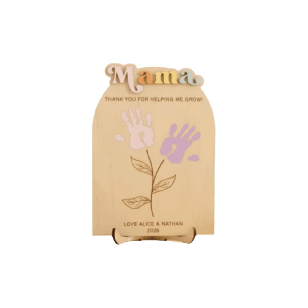 Handbemalte Muttertags-Plakette Ornament Geschenke für Mama DIY Handabdruck Schild 2D Flache Dekoration Holzblumen-Bastelarbeit Muttertag