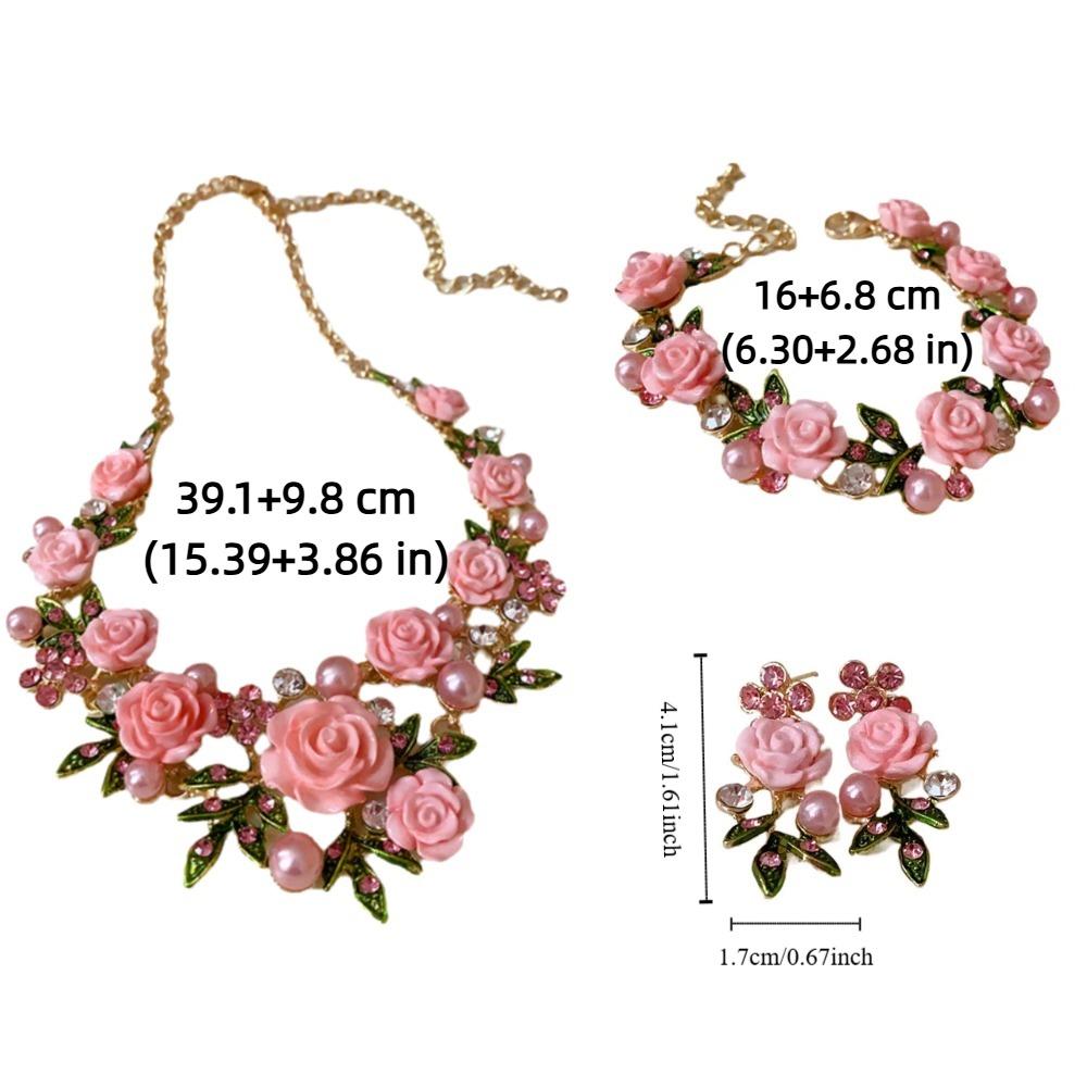 Pearl Rose Flower Necklace Rhinestone Women Jewelry Temperament Stud Earrings  Vacation