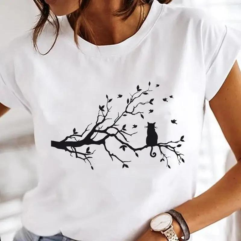 T-Shirt mit schwarzem Katzenaufdruck für Damen, weißes Kurzarm-Sommer-T-Shirt mit niedlichem Muster, Sommer-Casual-Weißes T-Shirt, grafische T-Shirts