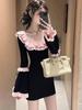 Chic Black Knit Dress with Lace Collar and Bell Sleeves - Women's 2025 Autumn/Winter Waist-Cinched Short Skirt