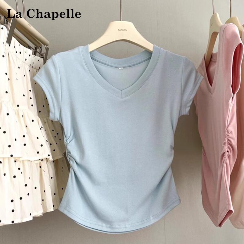 La Chapelle 2025 Damen V-Ausschnitt Falten Slim-Fit Kurzarm T-Shirt