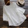 Spring and Summer Cotton and Linen Round Neck Blouse Women's Short-sleeved Loose Embroidered Shirt Thin Pullover Shirt