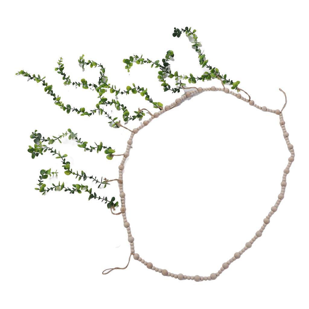 Hanging Photo Display Holder Wall Decor Wooden Bead Garland Realistic Eucalyptus Leaf Photo Display 