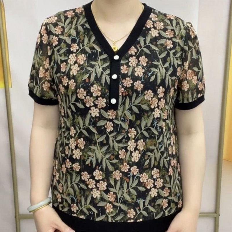 

Broken Flowers Printed T-shirt Casual V-Neck Button Summer Short Sleeve Women s Vintage Spliced Pullovers L зелений