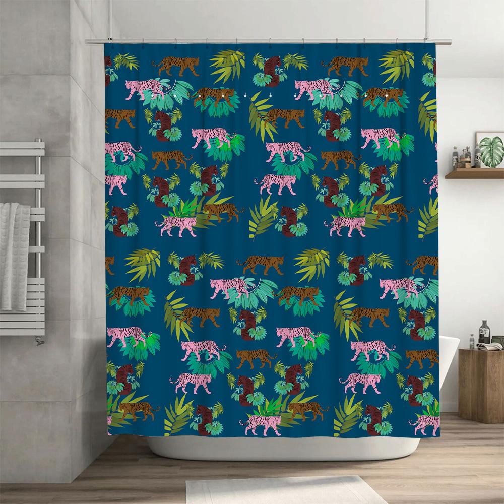Fashionable Shower Curtain with Jungle Tiger Print Blue Background with Pink Green Leaves for Bathroom Decor (Blue)