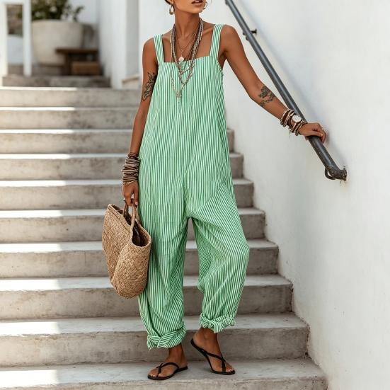 Loose Striped Wide Leg Jumpsuit for Women, Square Neck Sleeveless Wide Leg Rompers with Pockets, Casual Summer One Piece Outfit