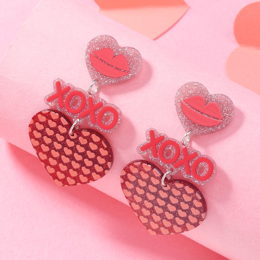 Korean Peach Heart LOVE Glitter Acrylic Dangle Earrings - Romantic Valentine's Day Girly Jewelry for Women