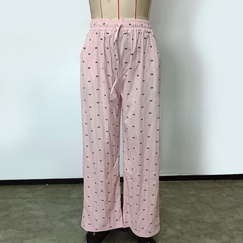 Women's Pants Elastic Waist Printed Tie Straight Draped Casual Pants Long Trousers