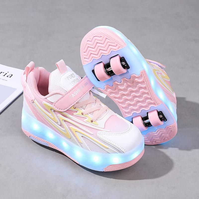 Kids Glowing Sneakers Rubbing Shoes Charging and Disassembling Four Wheels Slide Shoes LED Kids Glowing Sneakers