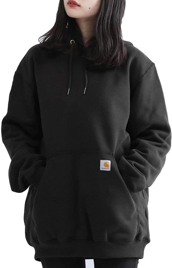 Carhartt Hoodie Sweatshirt Size Black Loose Brand Name Thick Wear Pullover, L, Men's, Unisex, Fit, Oversized, Top, Fleece-Lined, Hoodie, Fall/Winter