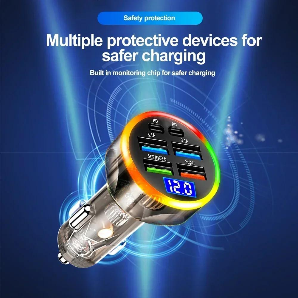 1PCS Car Fast Charging Multi-port Charger 12-24V Colorful Light One-to-six QC3.0 Quick Charging Adapter For Most Models Phones