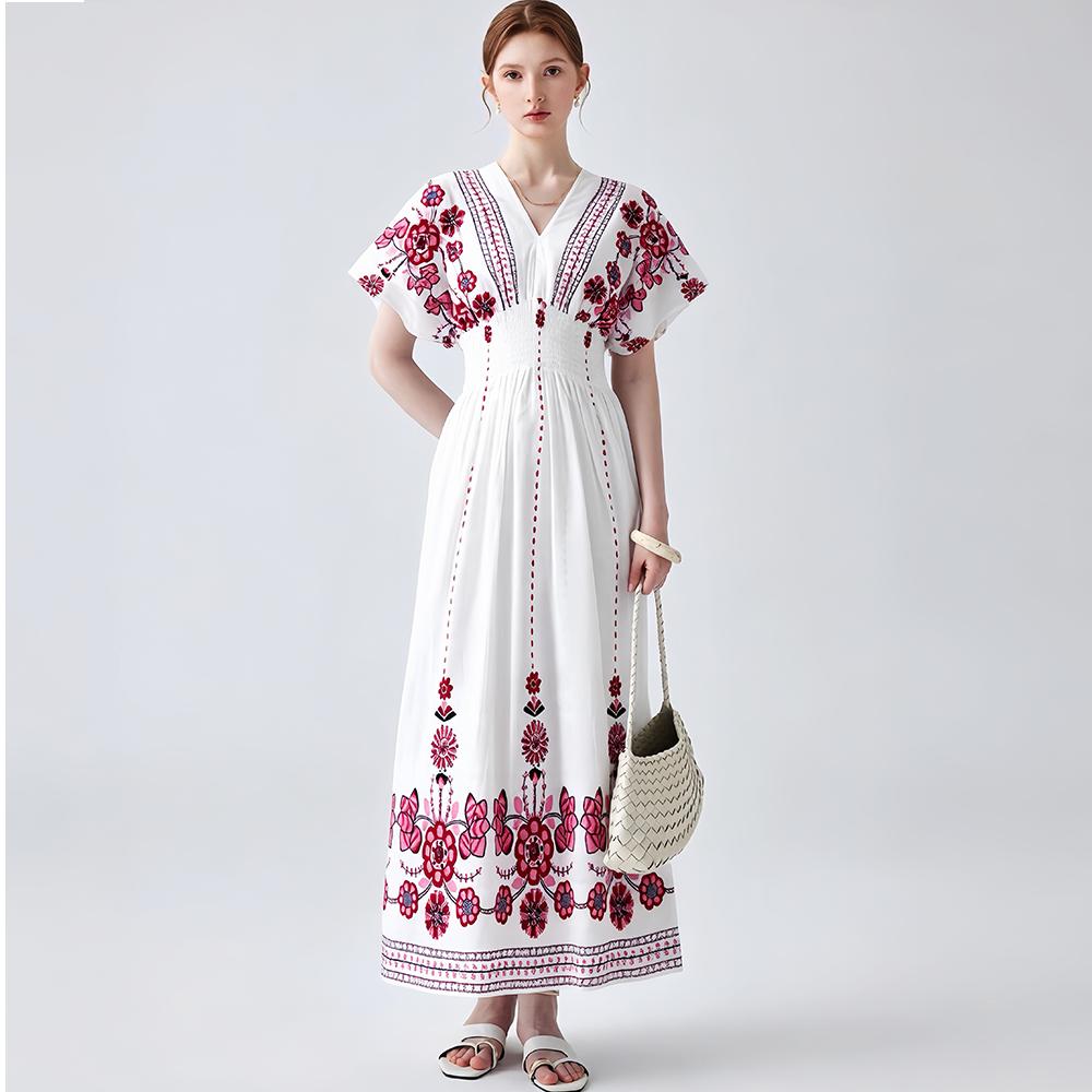Bohemian-Style Cotton-Silk V-Neck Batwing Print Dress Summer Casual Vacation Beach Dress