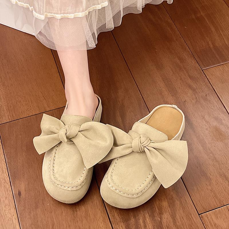Soft Bottom Slippers Summer New Round Head Deep Mouth Flannelette Butterfly Knot Anti-slip Wear-resistant Flat Shoes