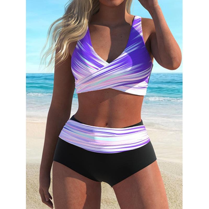 Ladies Sexy European and American Babes Striped Print Split Two-piece Swimsuit Bikini S