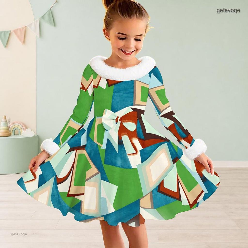 Girls High Neck Long Sleeve Geometric Printed Dress Furry Collar And Cuffs A Line Flared Hem