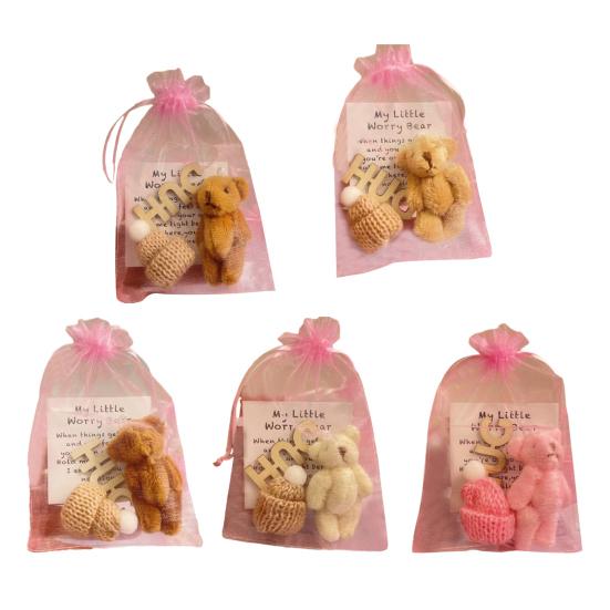 Pocket Hug Plush Bear Toy with Encouragement Card Mesh Bag Mini Positive Stuffed Bear Doll with Knitted Hat Inspirational Gift
