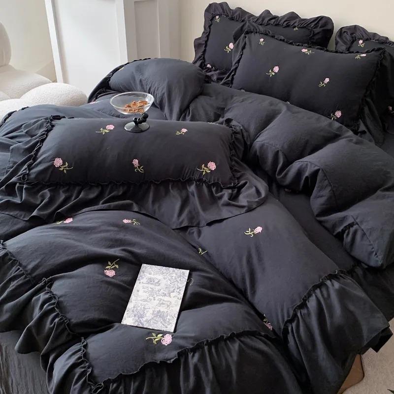 French Hepburn style 4-piece bed set, Korean princess lace washed cotton embroidery duvet set, bedsheet and bedsheet 3-piece set