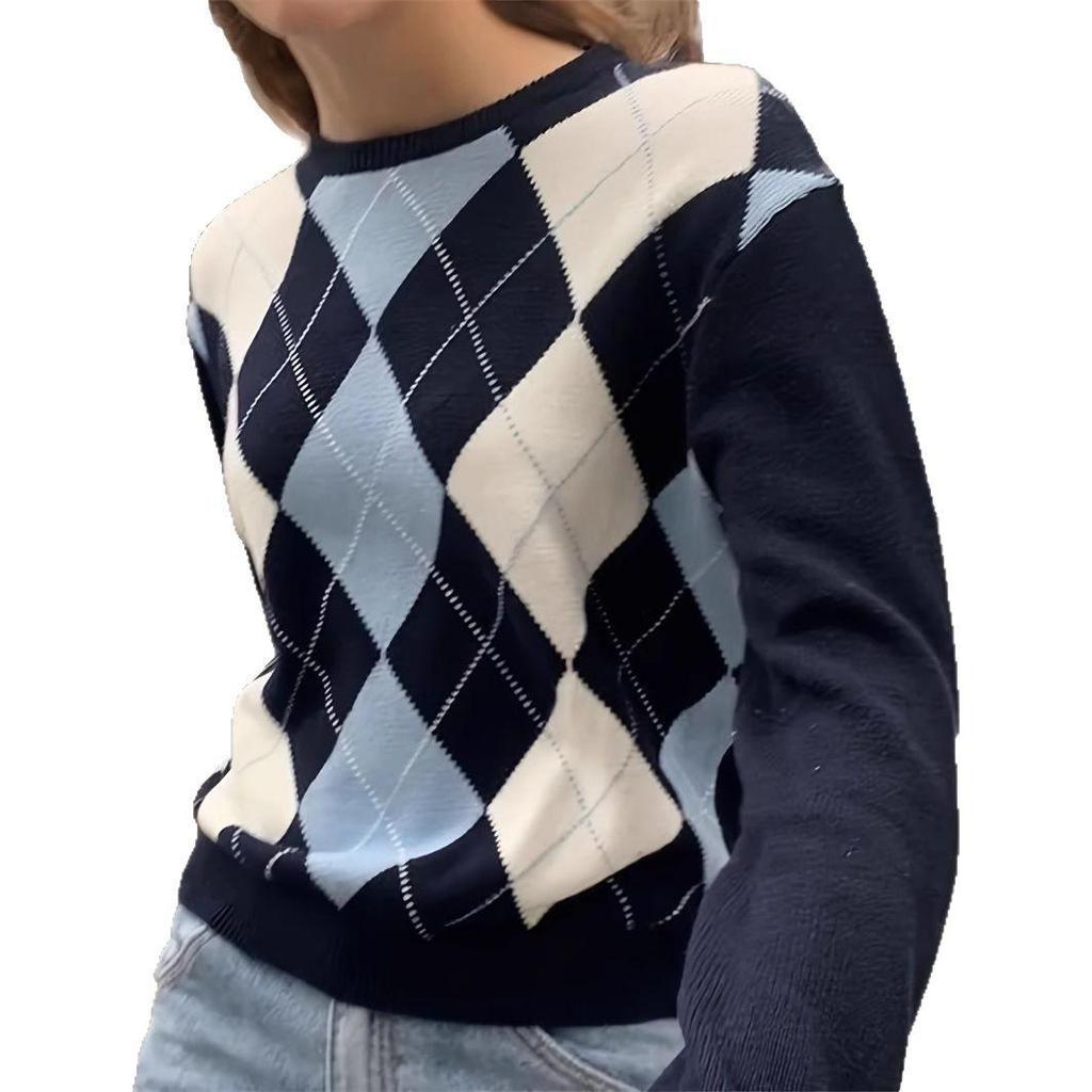 Damen Rundhals Langarm Dicker Jacquard Diamantstrick Pullover für Frühling und Herbst