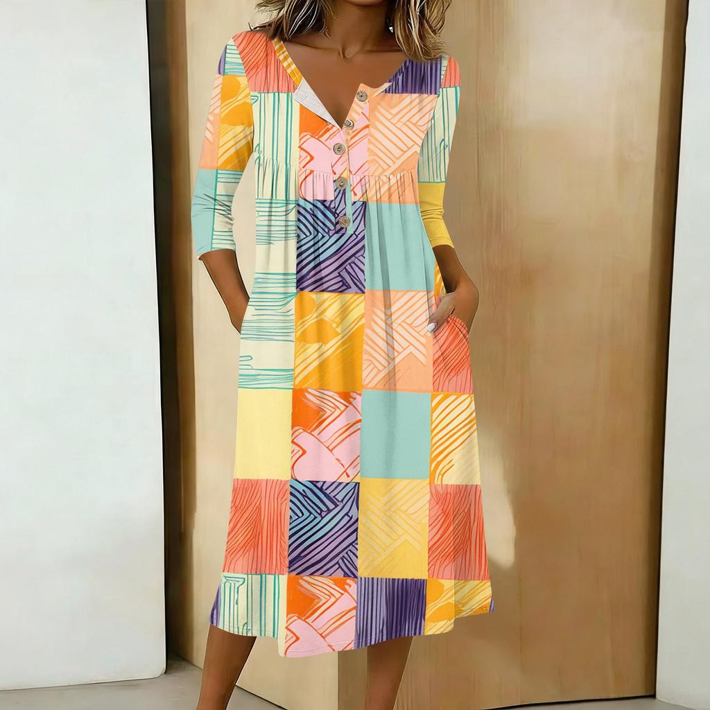 Women's Fashionable Color Printed Round Neck 3/4 Sleeve Button Collar Mid Length Casual Dress