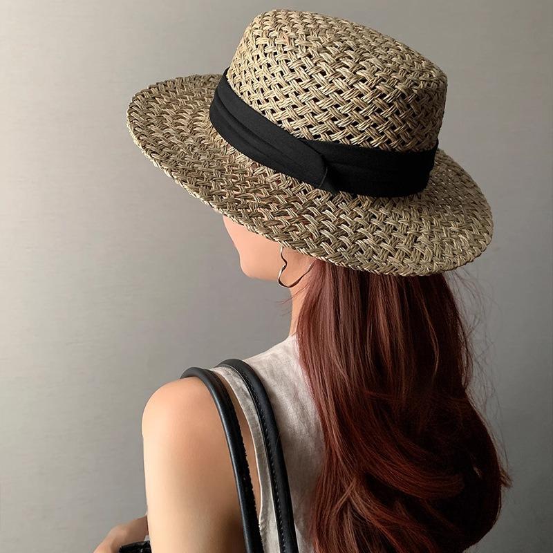 New Flat-top Straw Hat Women's Big Head Circumference Seaside Beach Top Hat Woven Sun Hat Summer
