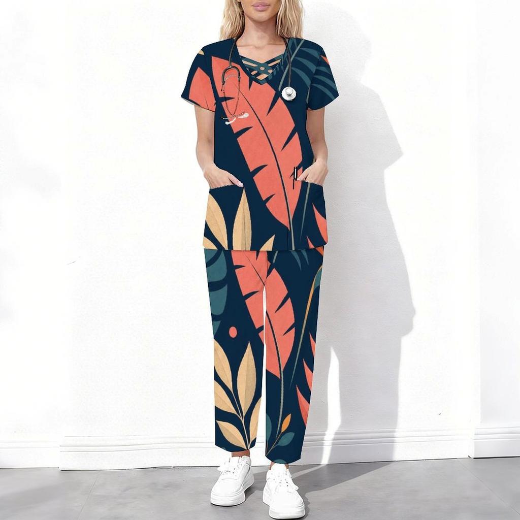 Women Plus Size Printed Scrub Set Crisscross Cutout Neck Short Sleeve Pockets Top Long Pants