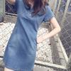 Casual Dress O-neck Short Sleeve Stitching Stylish Women Summer Denim Dress for Daily Wear
