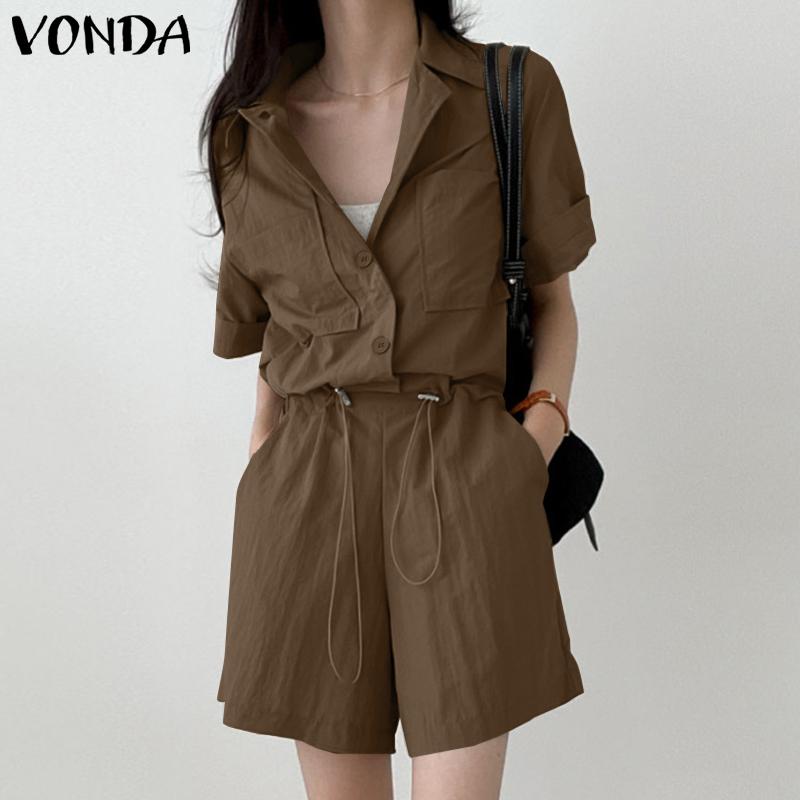 

VONDA S-5XL женские модные летние короткие комбинезоны с коротким рукавом повседневные шорты с лацканами на пуговицах Pantalon Femme свободные боди