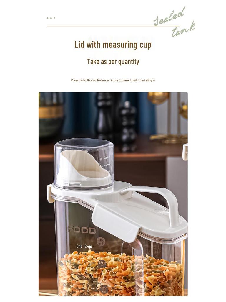 Multi-Grain Storage Canister with Measuring Cup - Sealed Plastic Container for Rice, Flour, and Grains