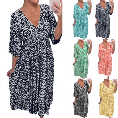 Women's Fashionable Casual Printed V-Neck Dress With Tunic Waist Ruffle Sleeves 3/4 Sleeves A-Line Dress