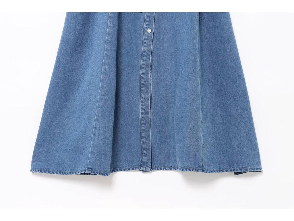 Spring 2025 Retro Lapel Slim-Fit Denim Dress with Belt - European & American Style Women's Short-Sleeve