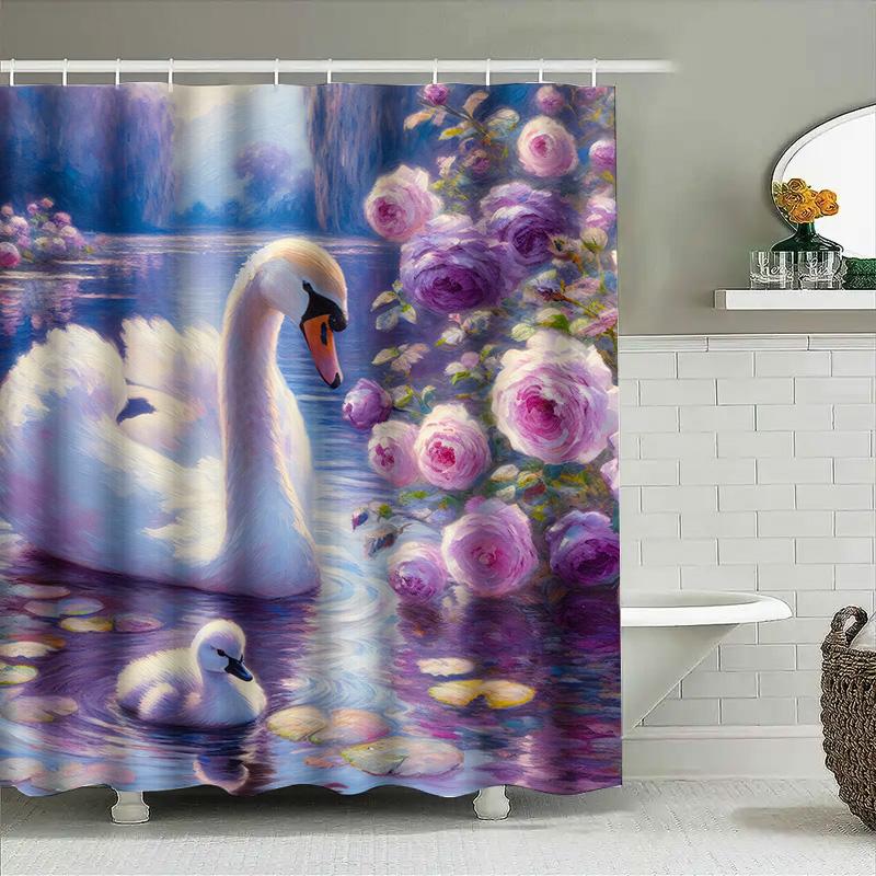 Swan Family Bath Shower Curtain Floral Design For Bathroom Decor Waterproof Fabric Printed In White Pink Purple Colors 180X245Cm