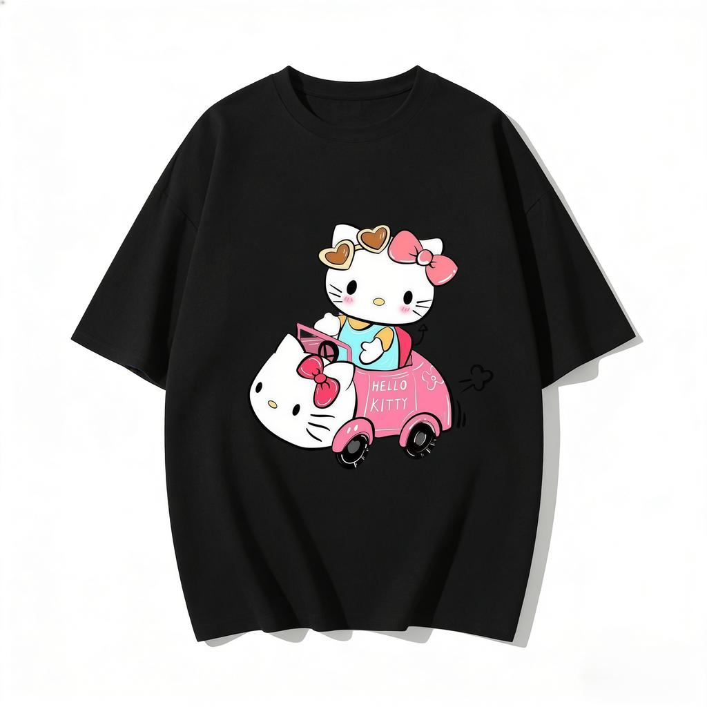 2026 Summer Trendy Cute Hello Kitty Driving Pink Car Graphic Couple Tshirts Streetwear Family Matching Parentchild Clothing