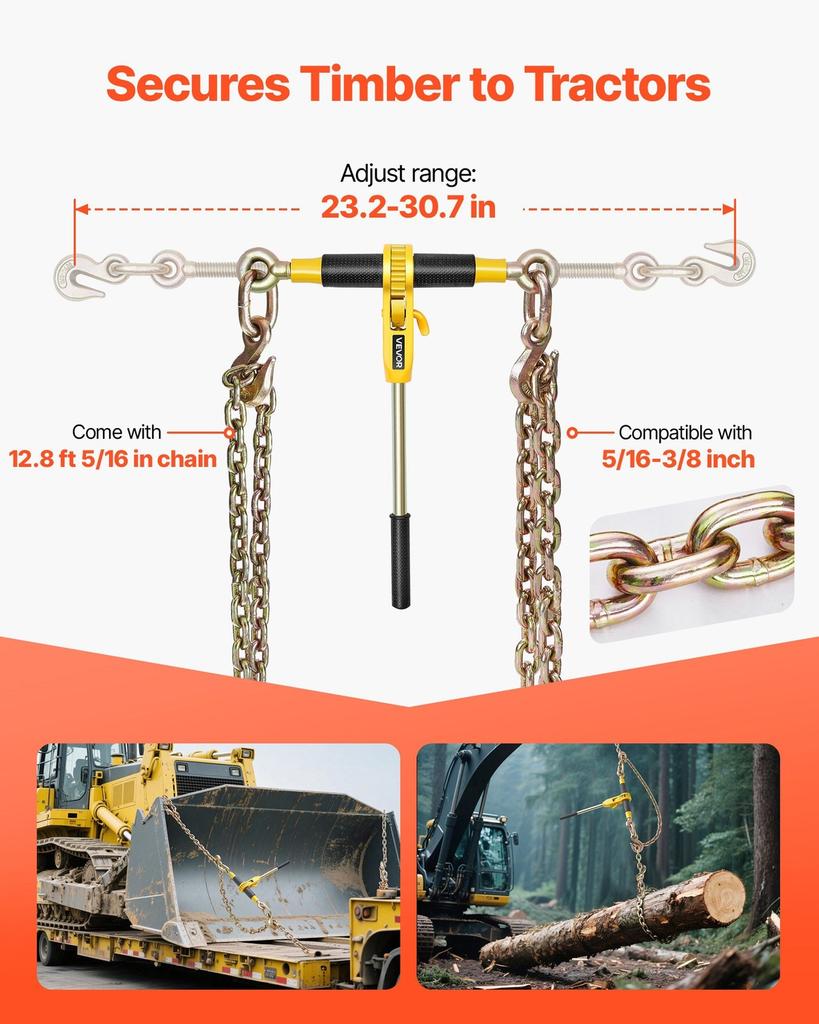 Ratchet Chain Binder, 5/16 In X 12.8 Ft G80 Chains, 8000 Lbs Working Load of Ratchet Load Binder, Chains and Binders Set, Tie Down Hauling Chain