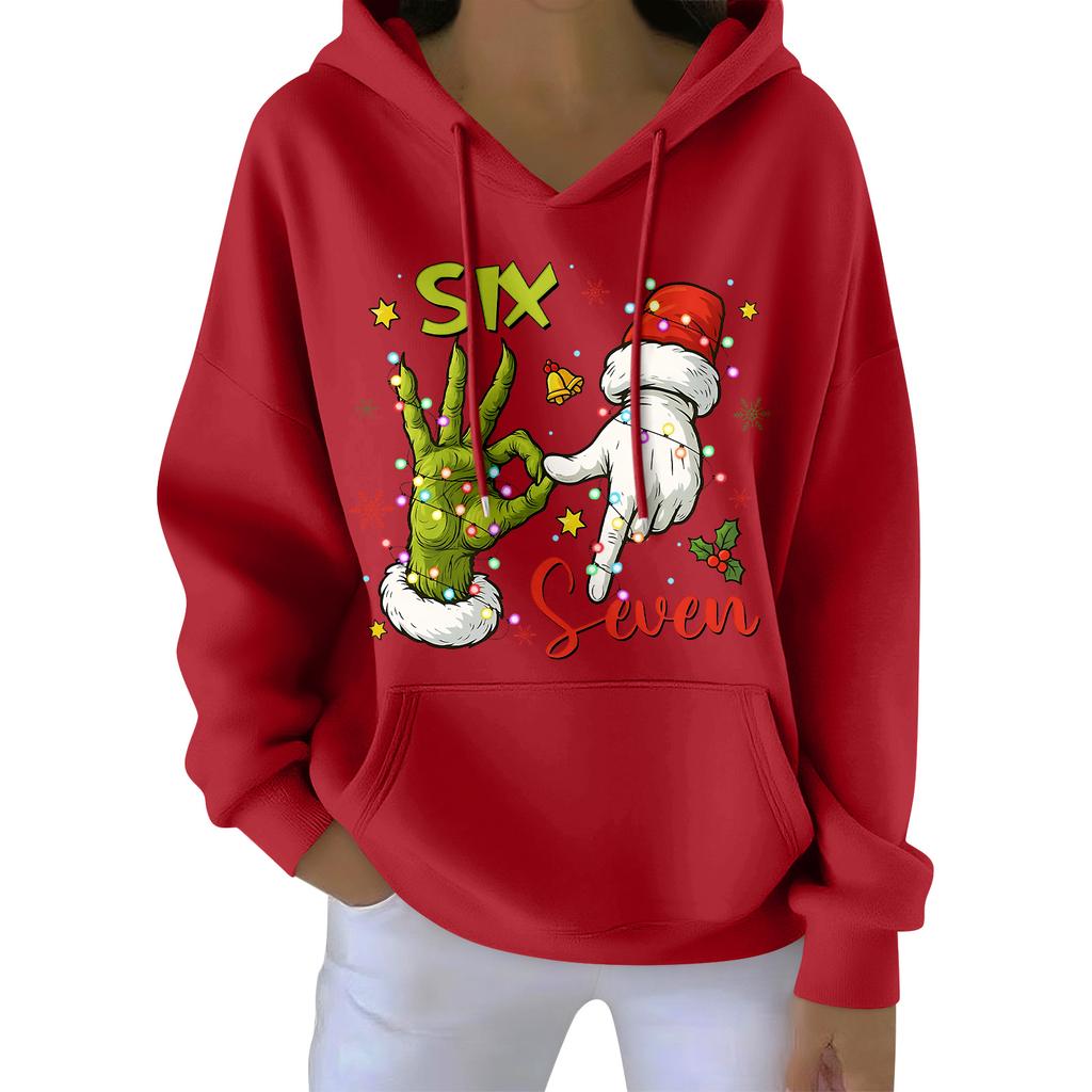 Damenmode Damen Leichter Langarmpullover mit Taschen Preppy Graphic Hoodie