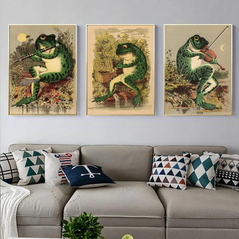 Tablou pe Pânză Desen Animat Broască Banjo Postere și Imprimeuri Animale Vintage Amuzant Artă de Perete pentru Creșă Imagine pentru Living Decor Acasă