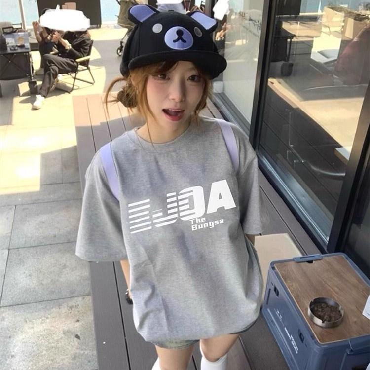 

Women s Trendy 100% Cotton Letter Short Sleeve T-shirt - Loose Design, Round Neck, Versatile Summer Top L (111-125 jin)