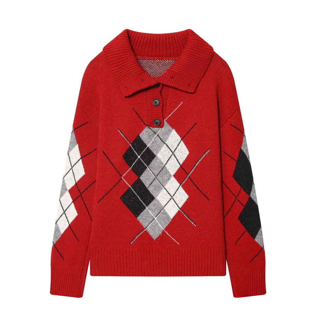 European Fashion Casual Knitwear with Vertical Rhombus Pattern