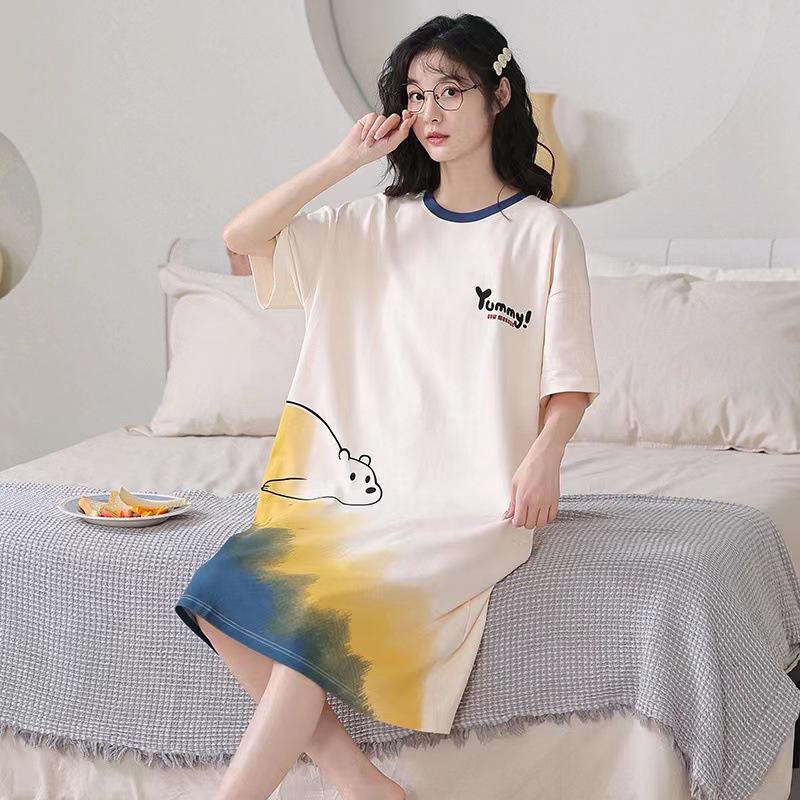 Summer Women Dress Large Short-Sleeved Cartoon Nightdress with Cute Bear Graphic Vestidos