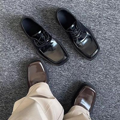 British Style Leather Niche Commuter Square Head Casual Trendy Men's Platform Business Inner Height Increase Groom Derby Shoes
