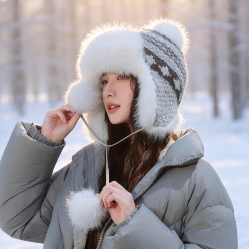 New winter women's warm ear cap thickened pom-pom Lei Feng hat outdoor cold-proof ski cap manufacturer
