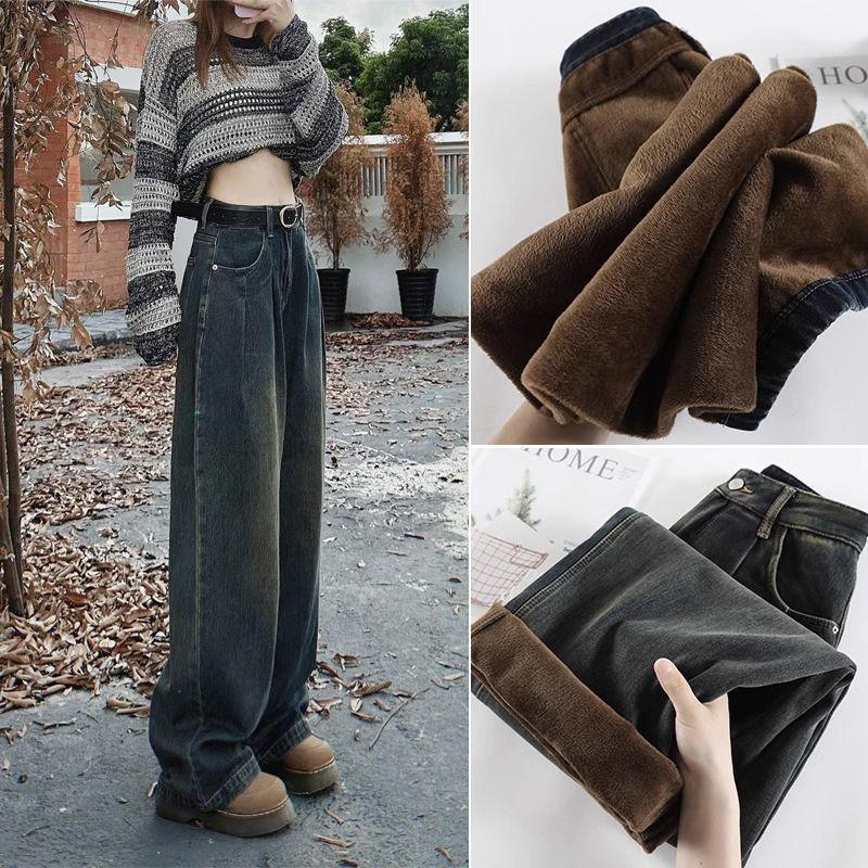 

Women s High-Waisted Wide-Leg Fleece-Lined Cement Gray Jeans, Autumn/Winter 2024, Floor-Length, Loose Slimming Fit. XL (Recommended 115-125 jin)