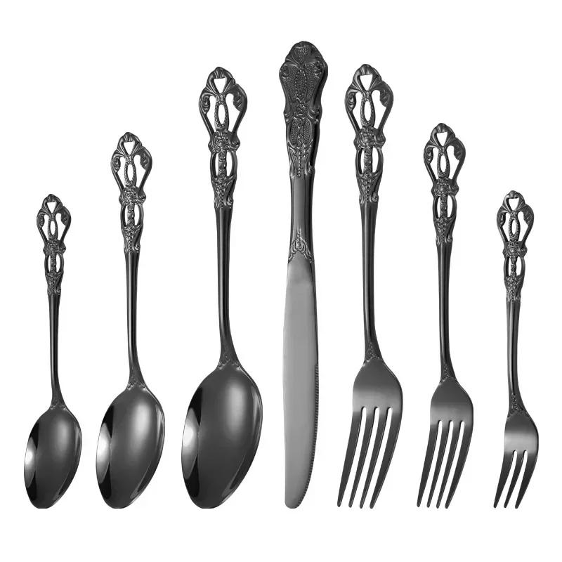 European Style Stainless Steel 4pcs Dinnerware Set - Retro Hollow Design Gold Spoon, Fork and Royal Steak Knife for Home Decor