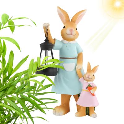 Solar Garden Rabbit Statue Lamp Resin Easter Bunny Lamp With Lantern Cute Parent Child Theme Solar Lights Birthday Holiday Gift