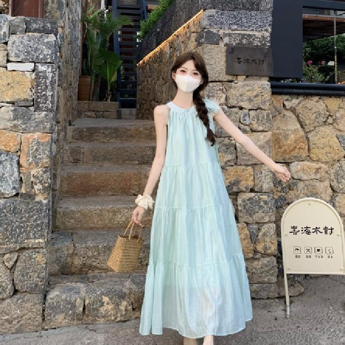 Seaside Vacation Wind Neck Sling Dress Women's Summer Gentle Wind Temperament Beach Dress Fairy Long Dress