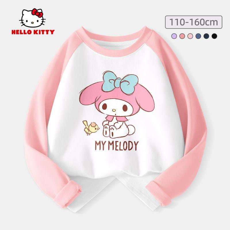 Hello Kitty Girls' Base Layer Shirt Spring 2024 New Children's Long-Sleeved T-Shirt Black Fashionable Stylish Top