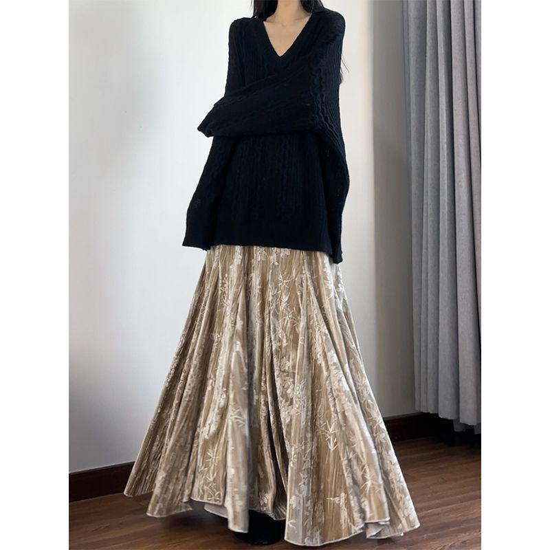 Autumn-Winter Velvet High-Waist Long Skirt - Women's Chinese Style Umbrella Design