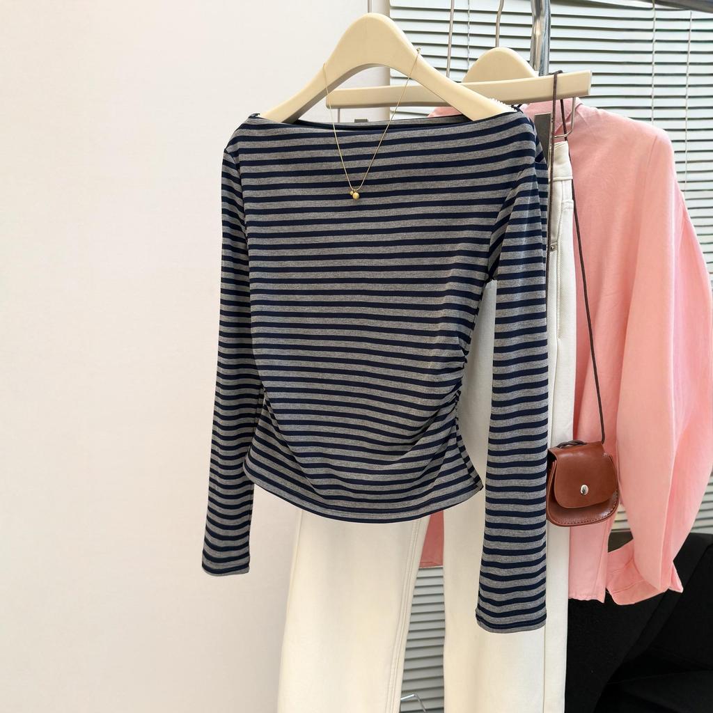 Korean Striped One-Shoulder Long-Sleeve T-Shirt: Women's Fashion 2025